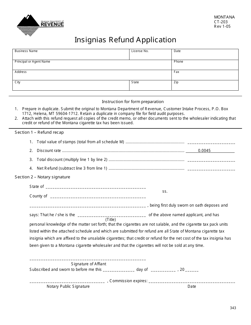 Form CT-203 Insignias Refund Application - Montana, Page 1