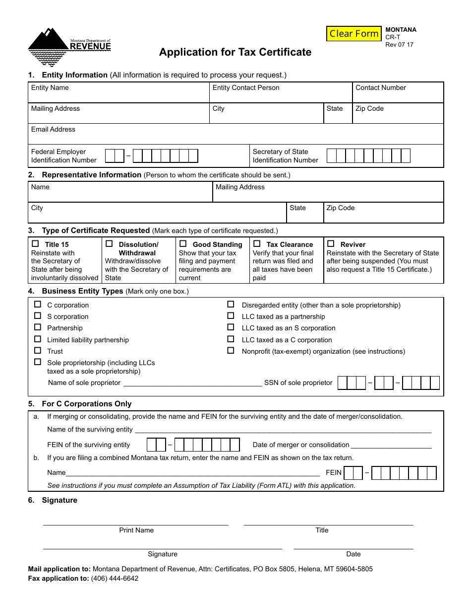 Form CR-T Application for Tax Certificate - Montana, Page 1