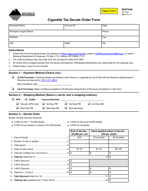 Form CT201 Cigarette Tax Decals Order Form - Montana