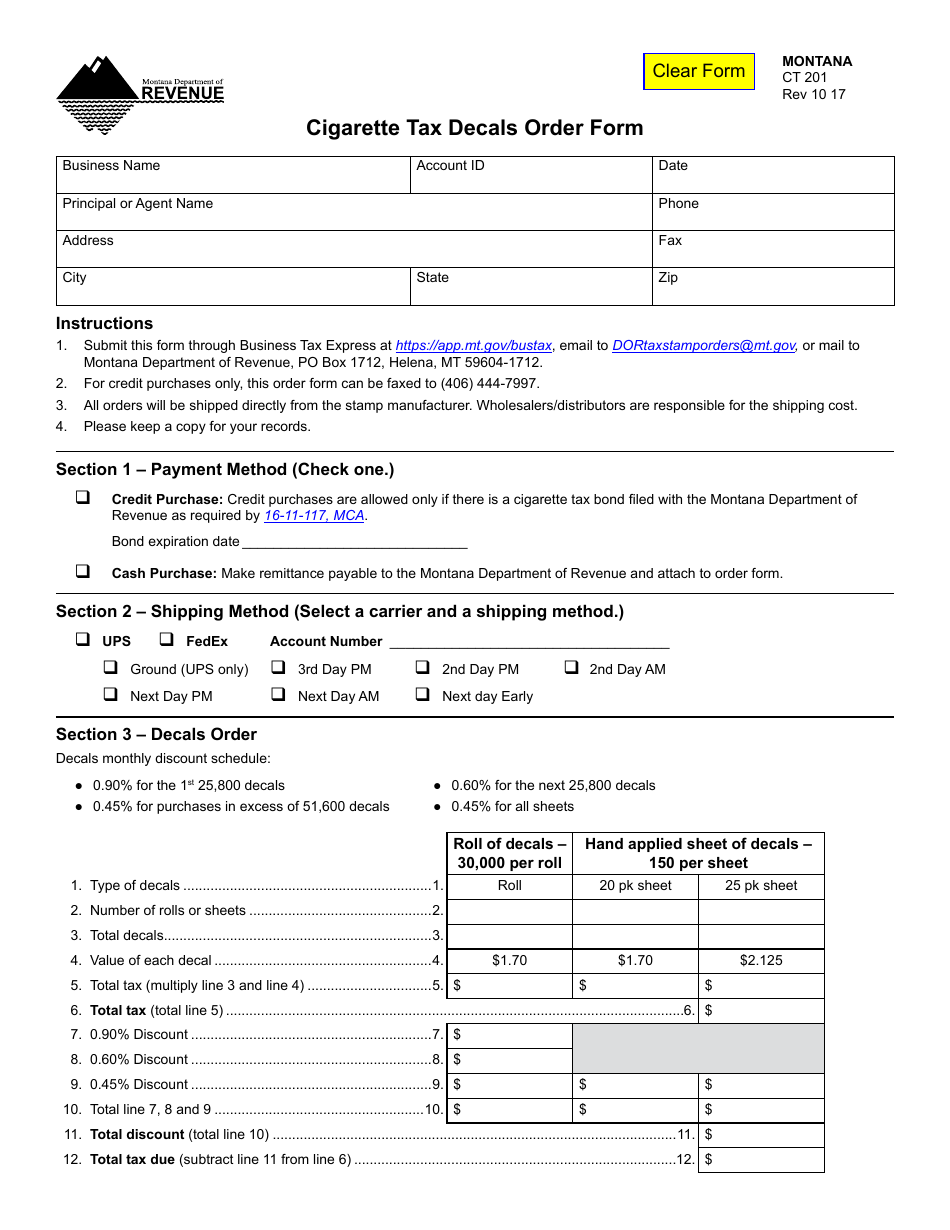 Form CT201 Cigarette Tax Decals Order Form - Montana, Page 1