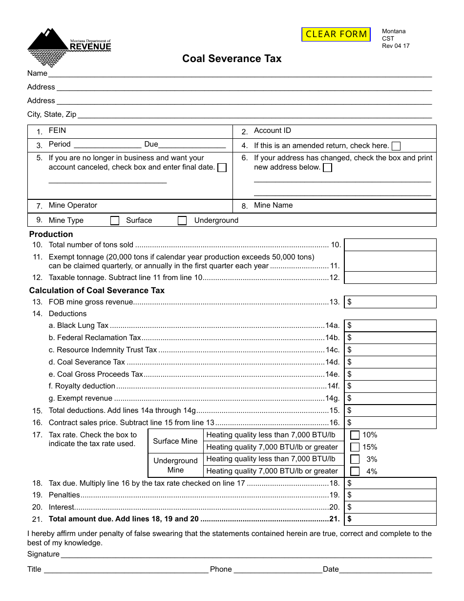 Form CST Coal Severance Tax - Montana, Page 1