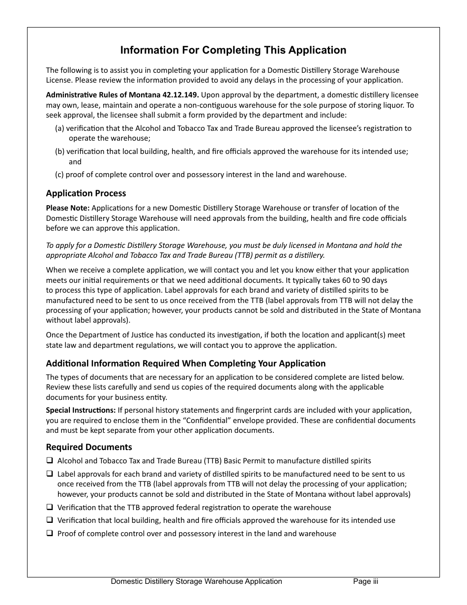 Form DDWHAPP Domestic Distillery Storage Warehouse Application - Montana, Page 3