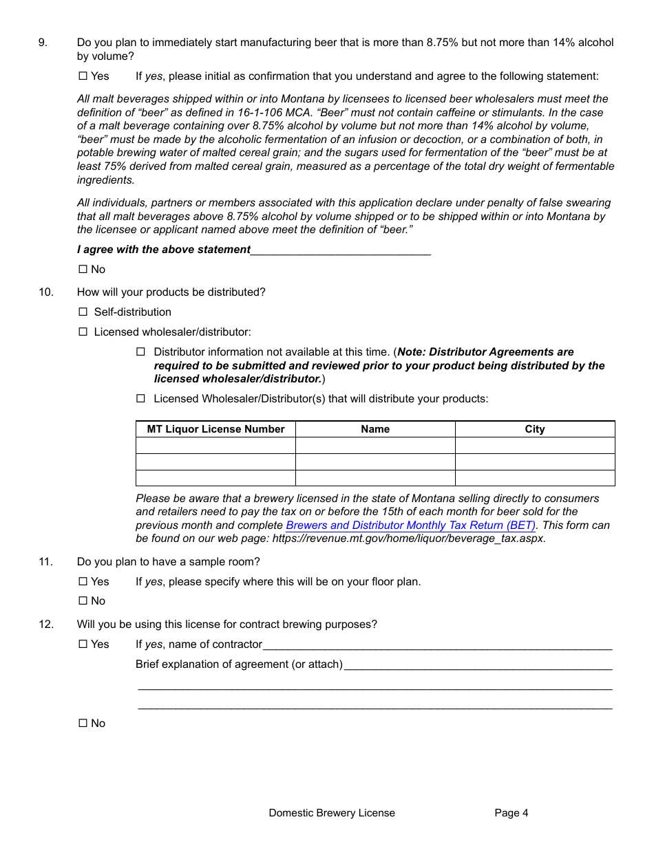 Form DBLA Domestic Brewery License - Montana, Page 10