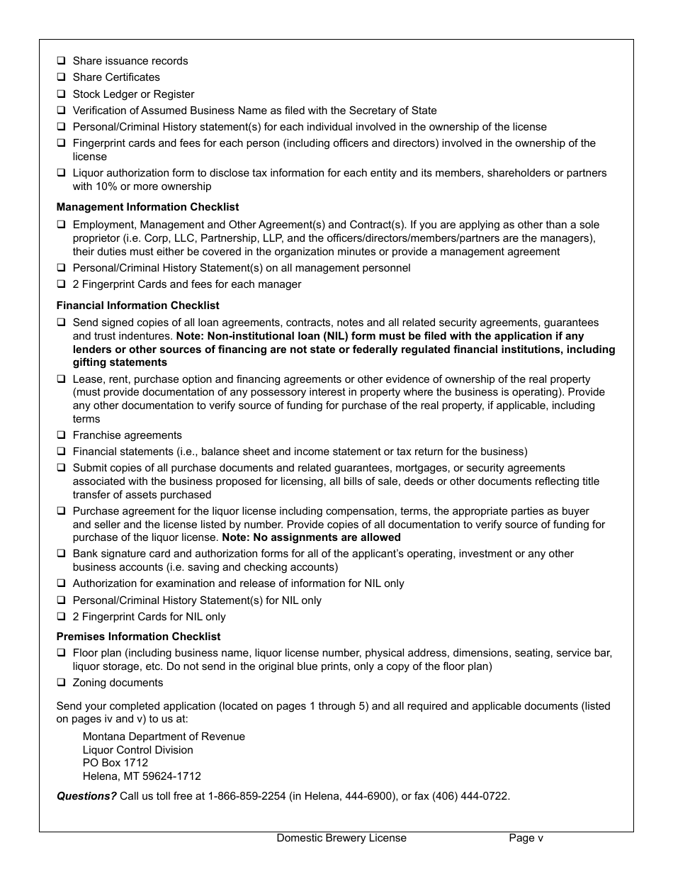 Form DBLA Domestic Brewery License - Montana, Page 5