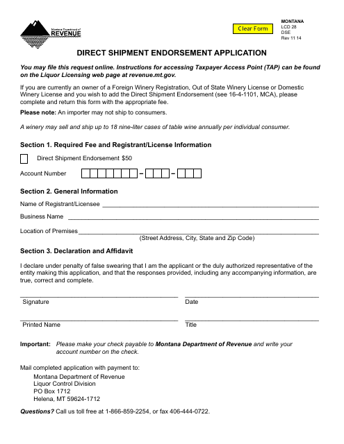 Form DSE Direct Shipment Endorsement Application - Montana