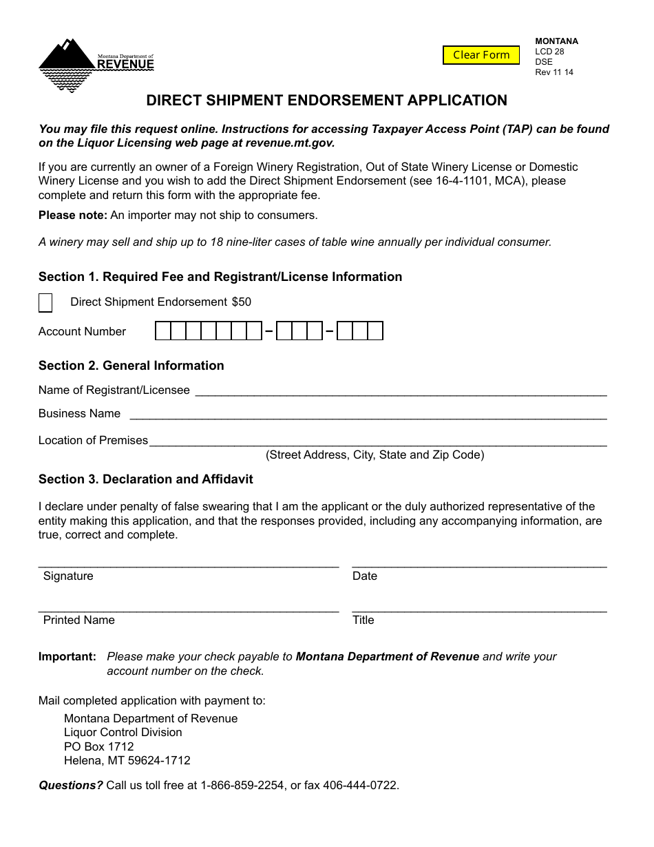 Form DSE Direct Shipment Endorsement Application - Montana, Page 1