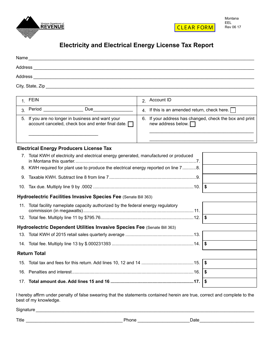Form EEL Electricity and Electrical Energy License Tax Report - Montana, Page 1