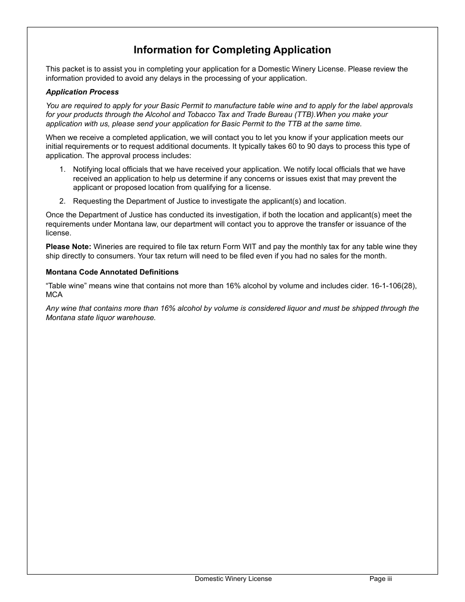 Form DWL Domestic Winery License - Montana, Page 3