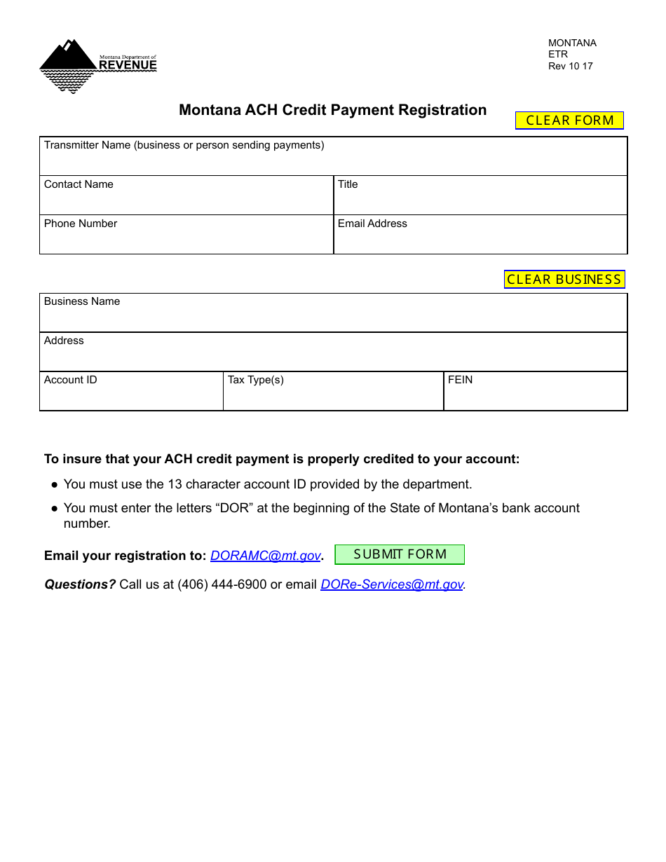 Form ETR Montana ACH Credit Payment Registration - Montana, Page 1