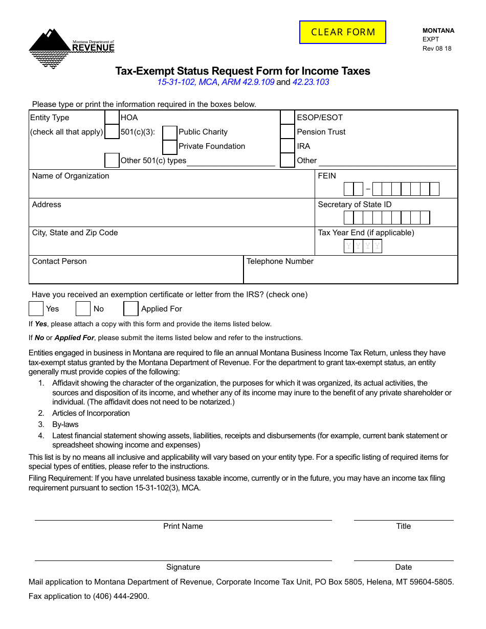 Form EXPT Tax-Exempt Status Request Form for Income Taxes - Montana, Page 1