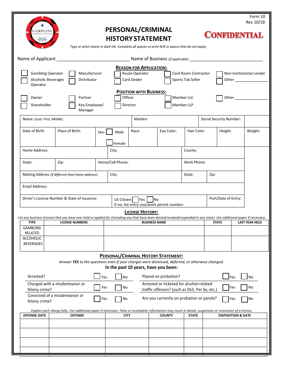Form 10 Personal / Criminal History Statement - Montana, Page 1