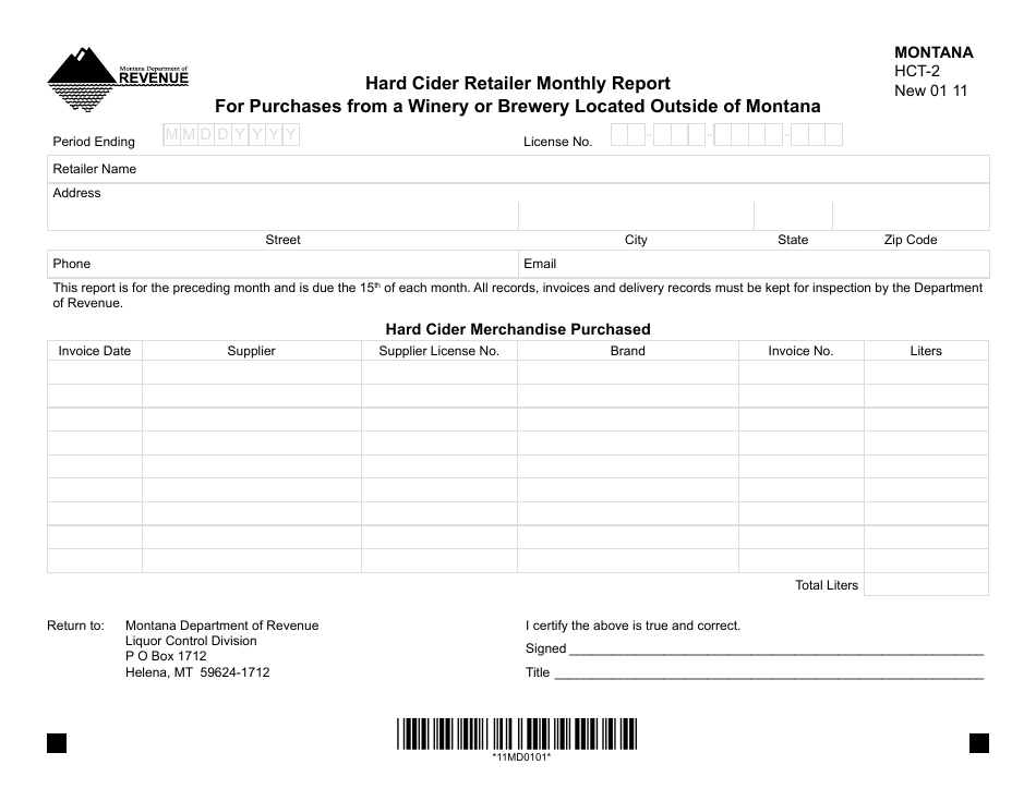 Form HCT-2 Hard Cider Retailer Monthly Report for Purchases From a Winery or Brewery Located Outside of Montana - Montana, Page 1