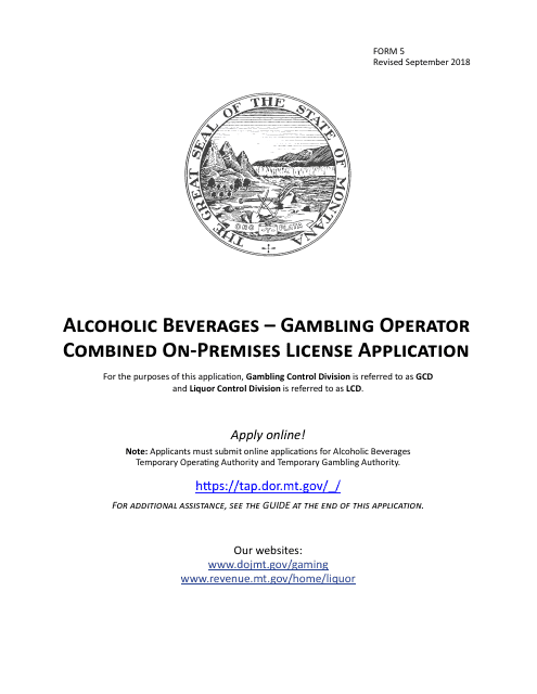 Form 5 Alcoholic Beverages - Gambling Operator Combined on-Premises License Application - Montana