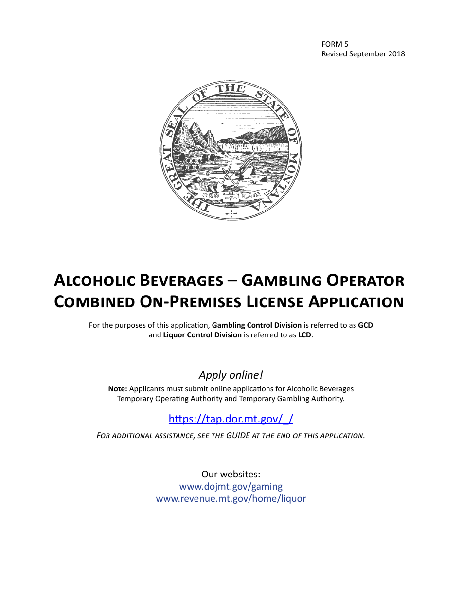 Form 5 Alcoholic Beverages - Gambling Operator Combined on-Premises License Application - Montana, Page 1