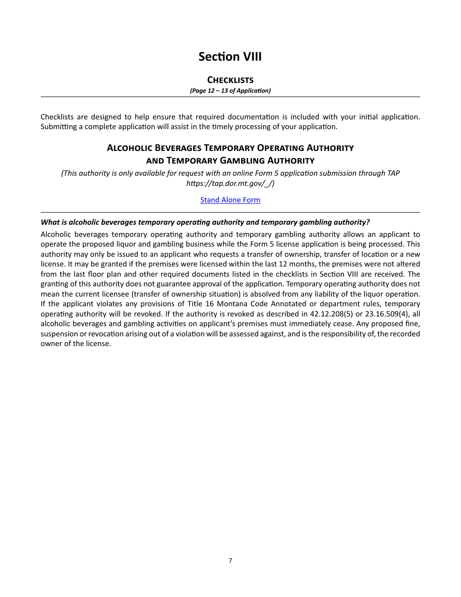Form 5 Alcoholic Beverages - Gambling Operator Combined on-Premises License Application - Montana, Page 22