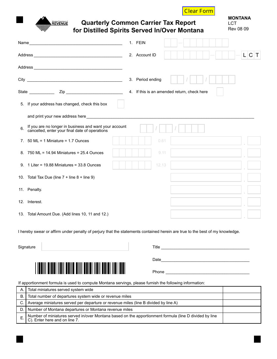 Form LCT Quarterly Common Carrier Tax Report for Distilled Spirits Served in / Over Montana - Montana, Page 2