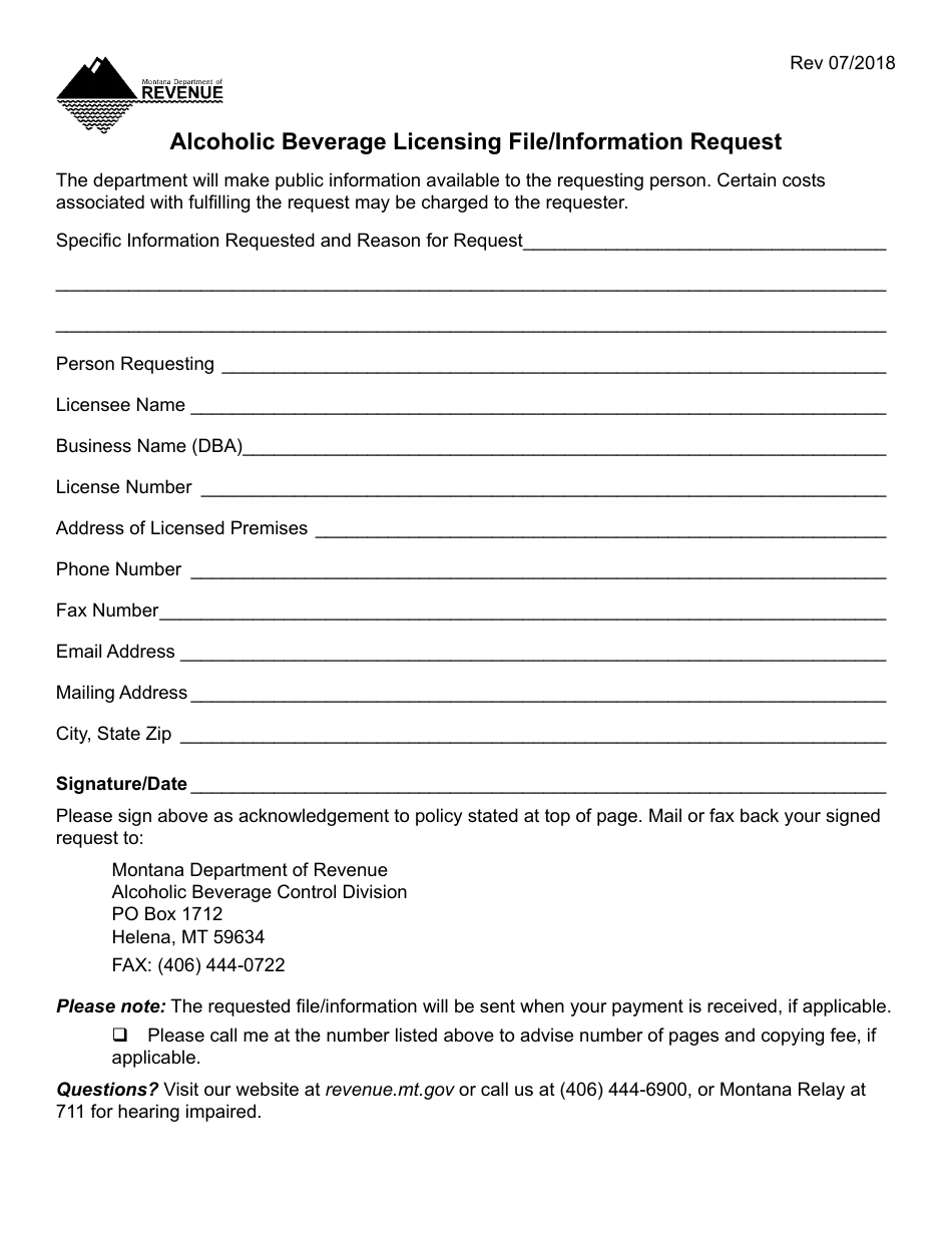 Form LIQINFOREQ Alcoholic Beverage Licensing File / Information Request Form - Montana, Page 1