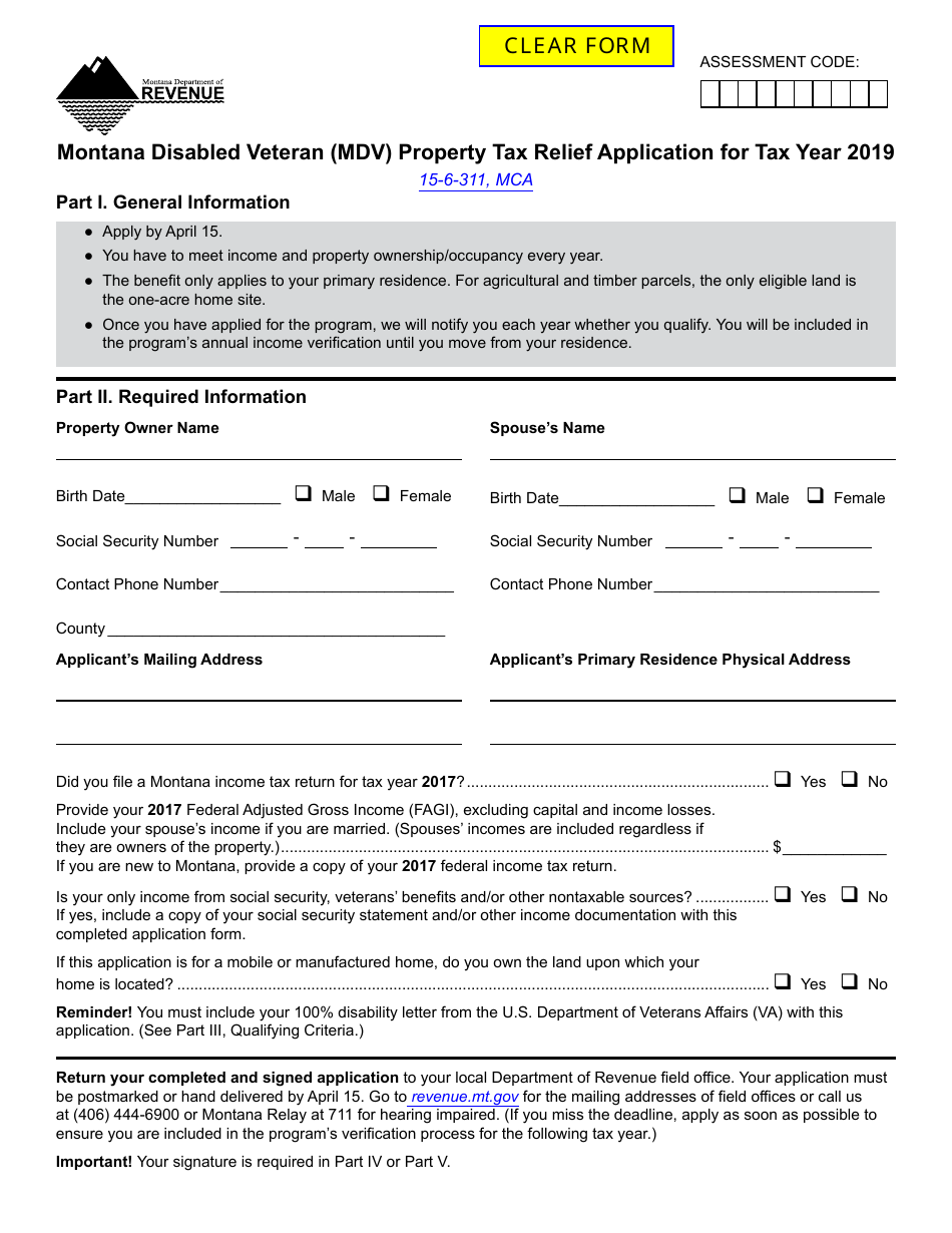 Form MDV Montana Disabled Veteran (Mdv) Property Tax Relief Application Form - Montana, Page 1