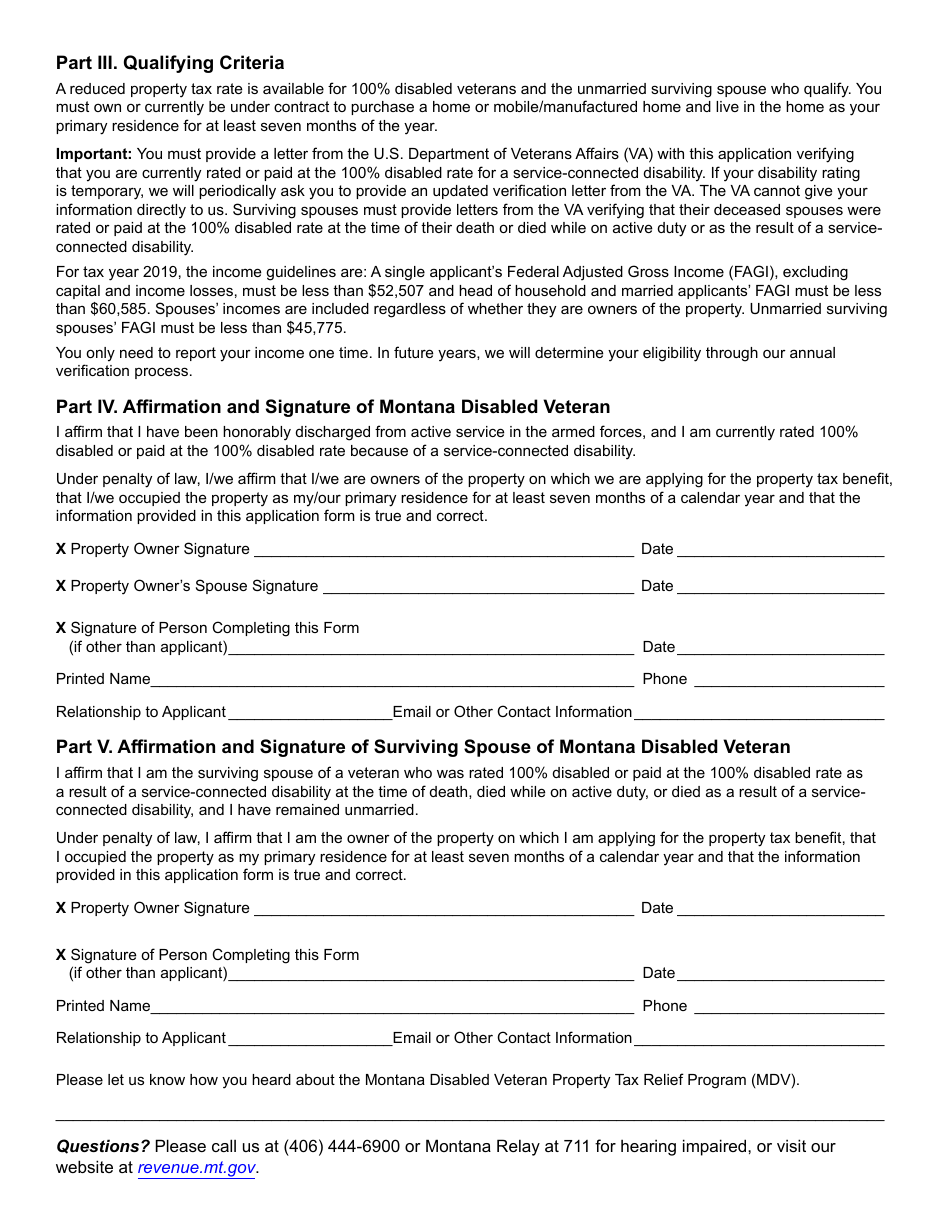 Form MDV Montana Disabled Veteran (Mdv) Property Tax Relief Application Form - Montana, Page 2