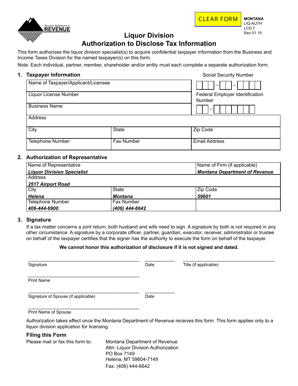 Form LIQ-AUTH Liquor Division Authorization to Disclose Tax Information - Montana, Page 1
