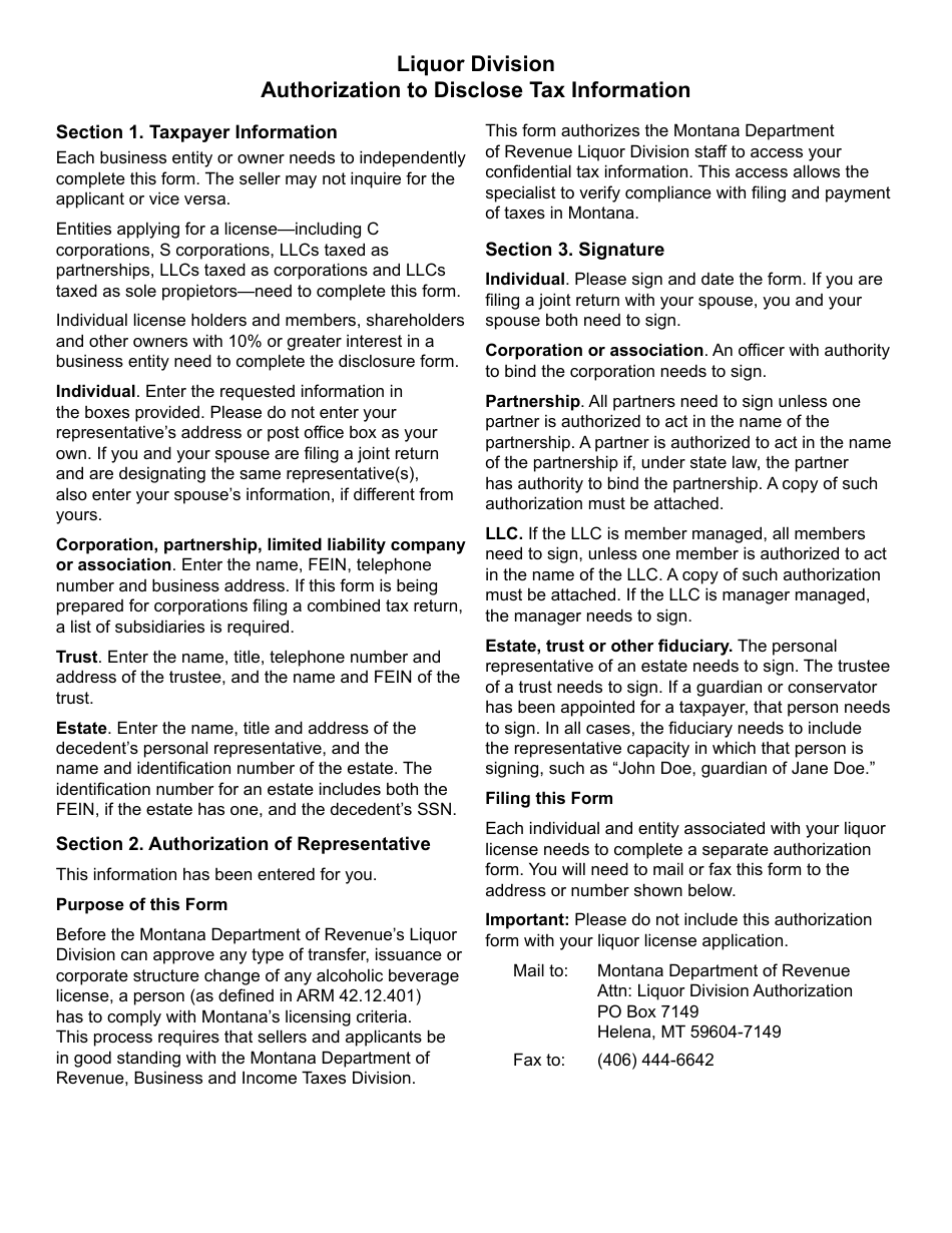 Form LIQ-AUTH Liquor Division Authorization to Disclose Tax Information - Montana, Page 2