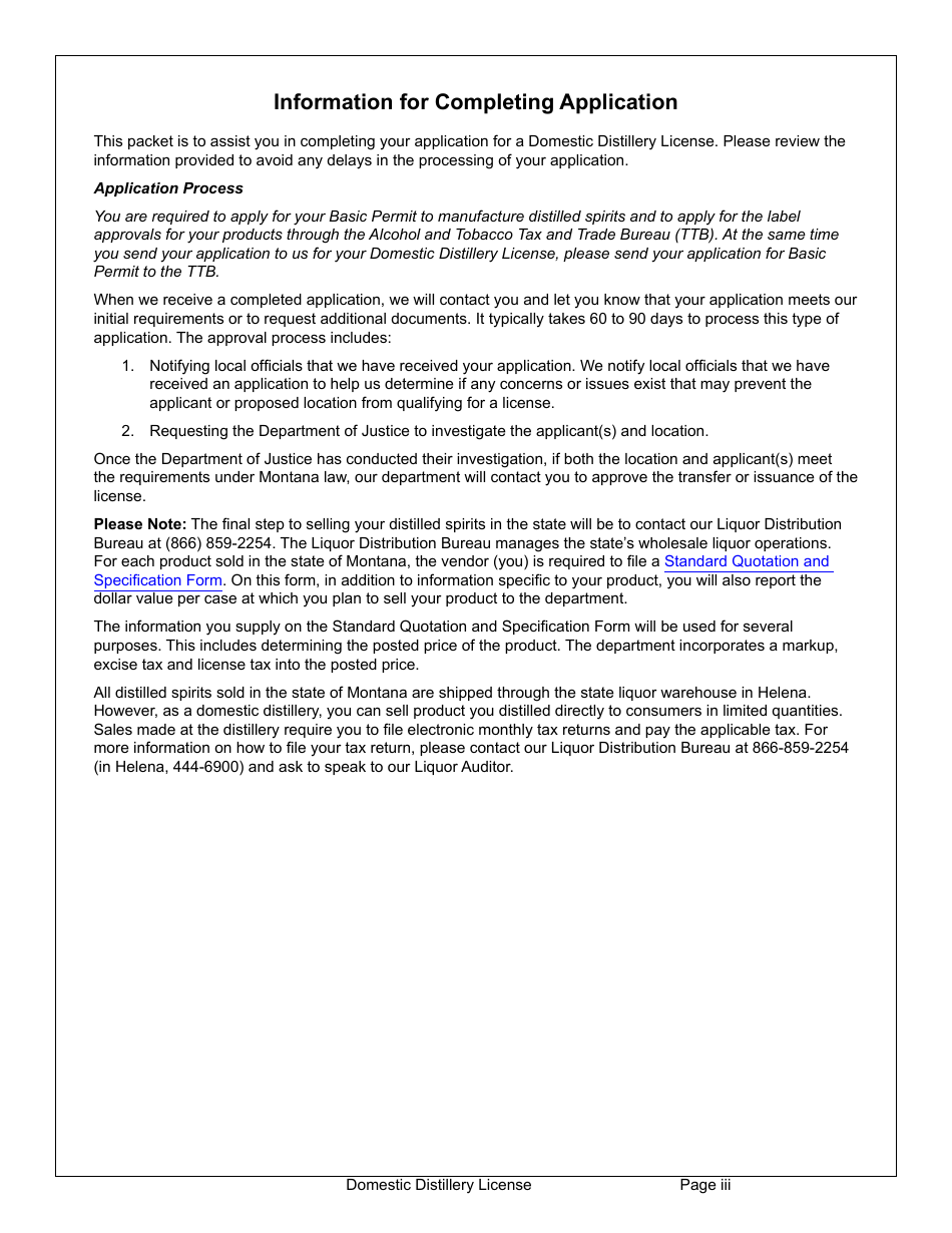 Form MDLA Domestic Distillery License - Montana, Page 3