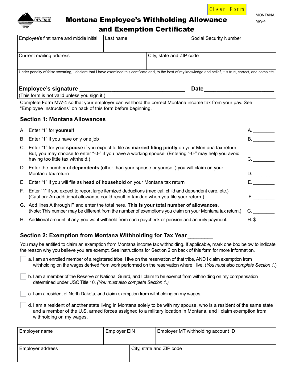 Form MW-4 Montana Employees Withholding Allowance and Exemption Certificate - Montana, Page 1