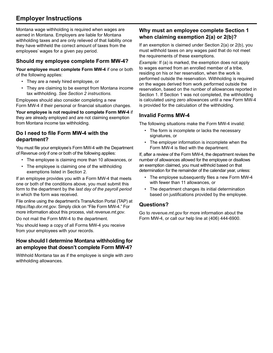 Form MW-4 Montana Employees Withholding Allowance and Exemption Certificate - Montana, Page 3