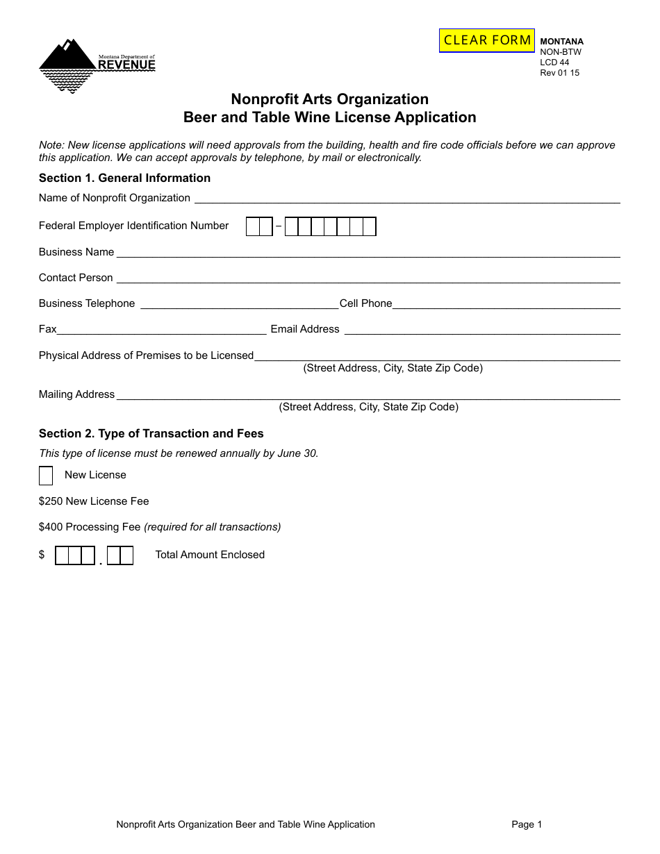 Form NON-BTW Nonprofit Arts Organization Beer and Table Wine License Application Form - Montana, Page 1