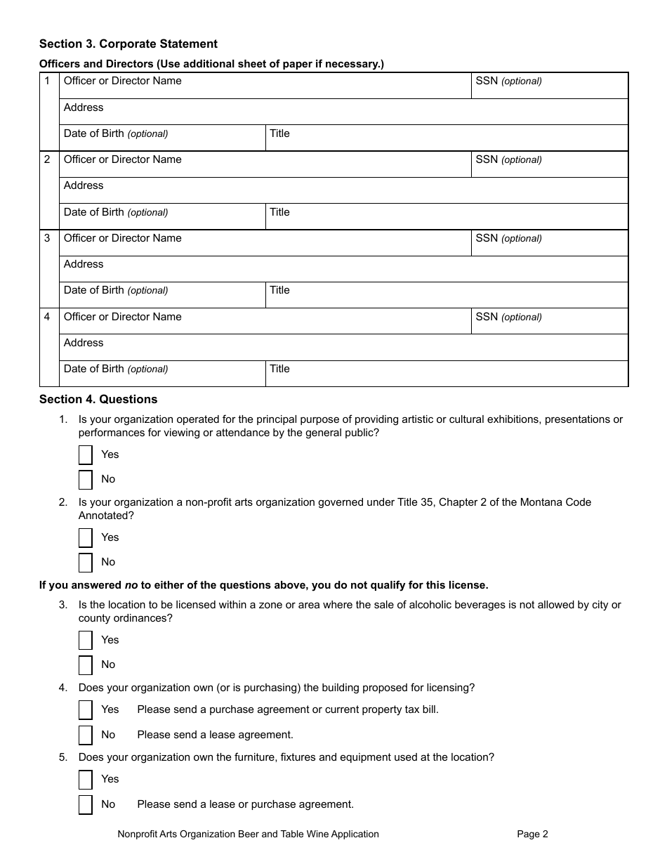 Form NON-BTW Nonprofit Arts Organization Beer and Table Wine License Application Form - Montana, Page 2