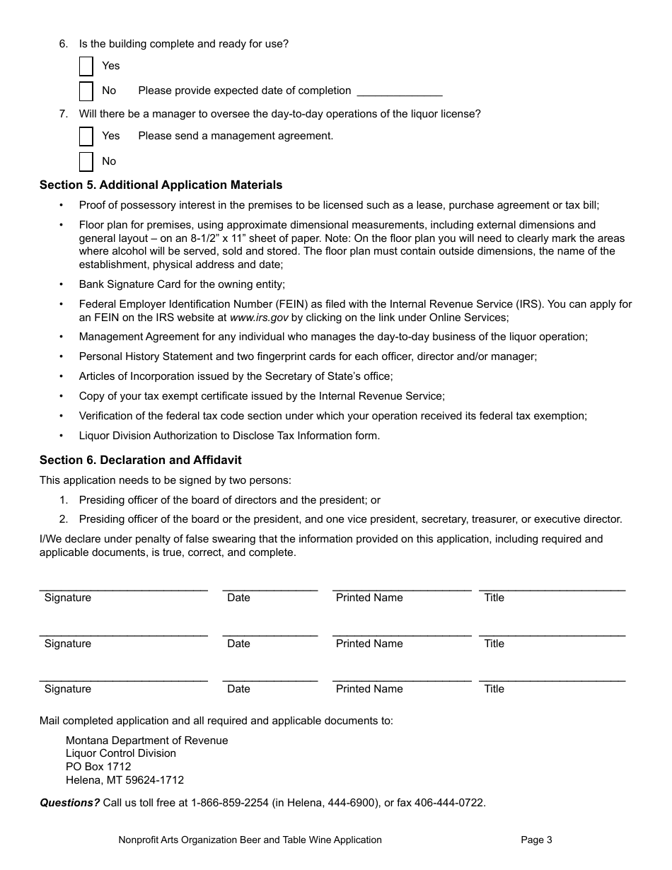Form NON-BTW Nonprofit Arts Organization Beer and Table Wine License Application Form - Montana, Page 3