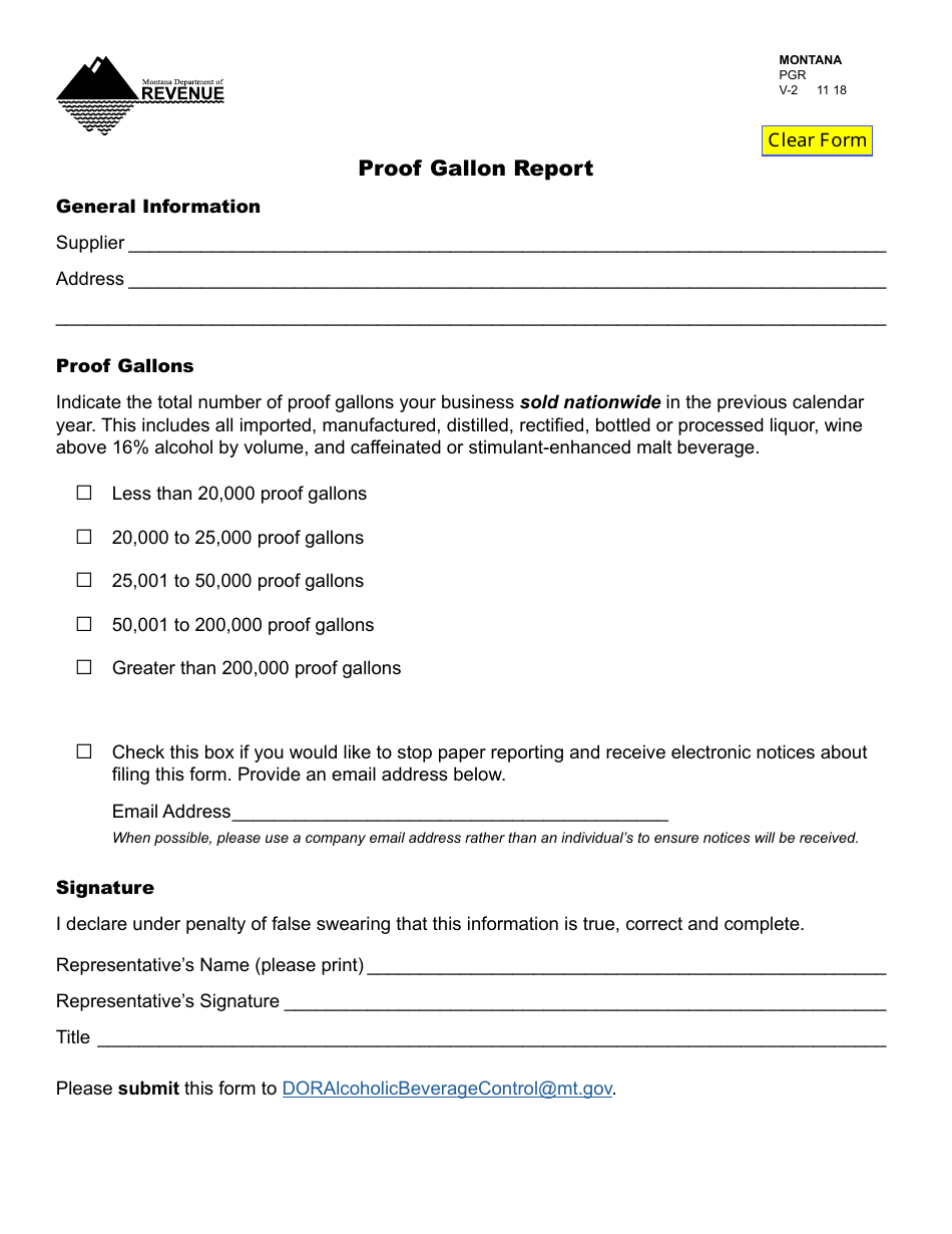 Form PGR Proof Gallon Report - Montana, Page 1