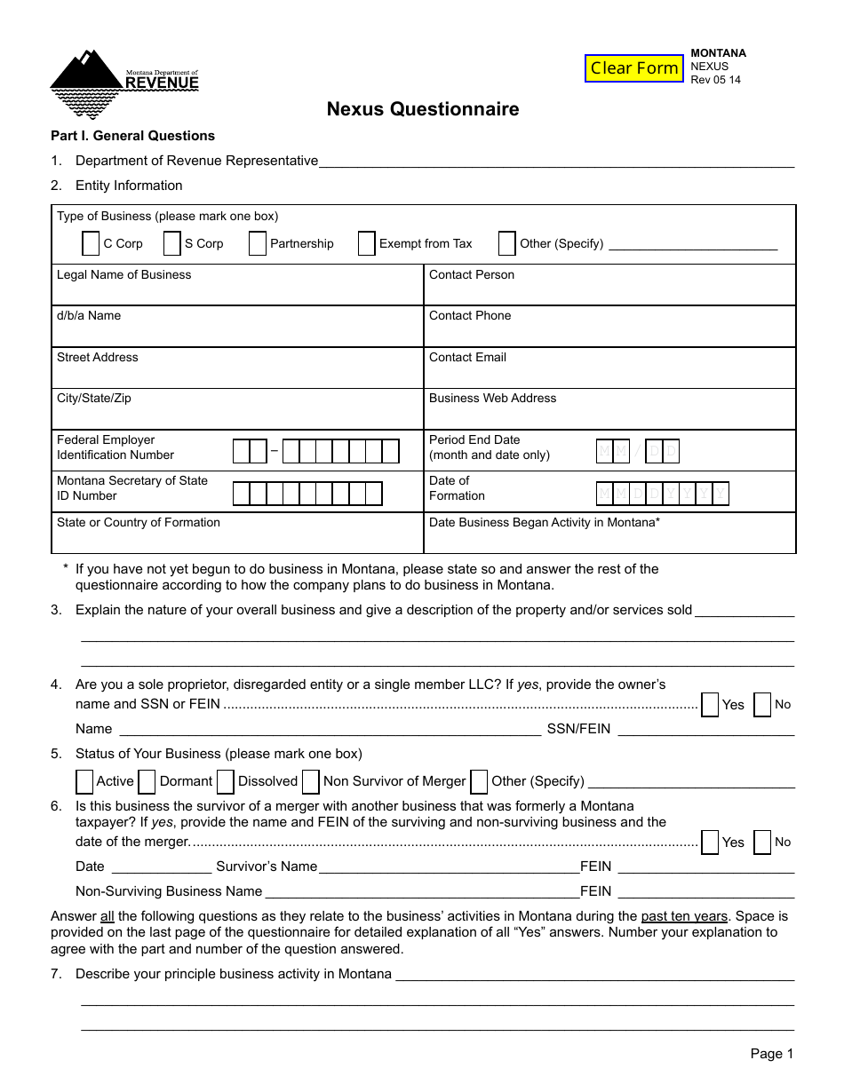 Form NEXUS Nexus Questionnaire - Montana, Page 1