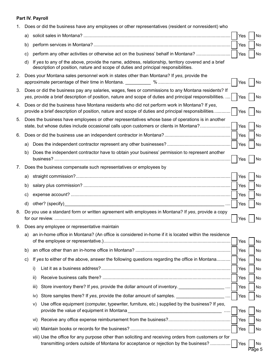 Form NEXUS Nexus Questionnaire - Montana, Page 5