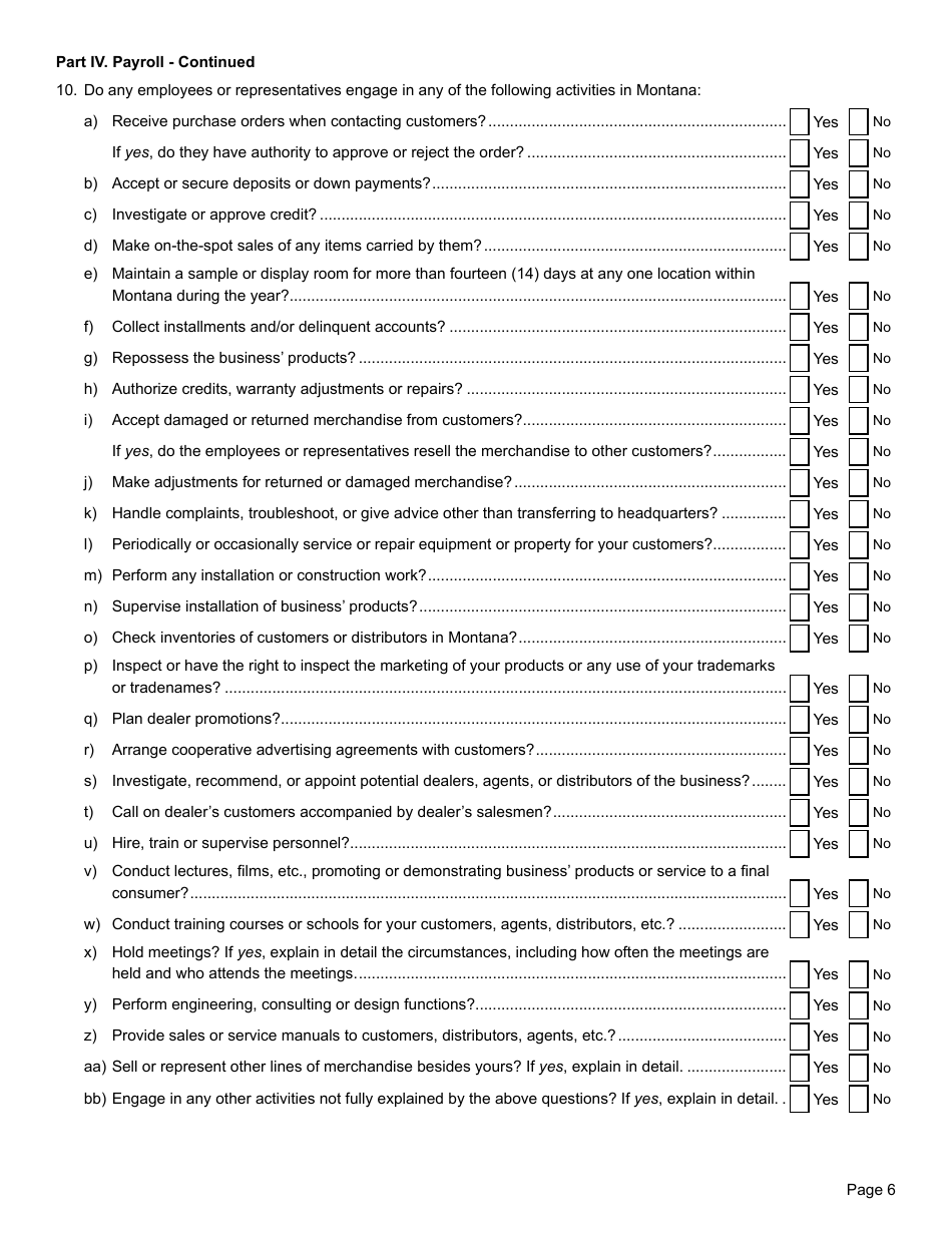 Form NEXUS Nexus Questionnaire - Montana, Page 6