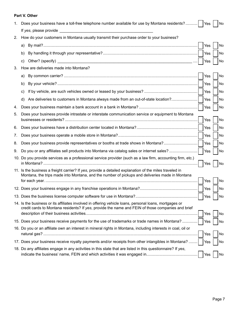 Form NEXUS Nexus Questionnaire - Montana, Page 7
