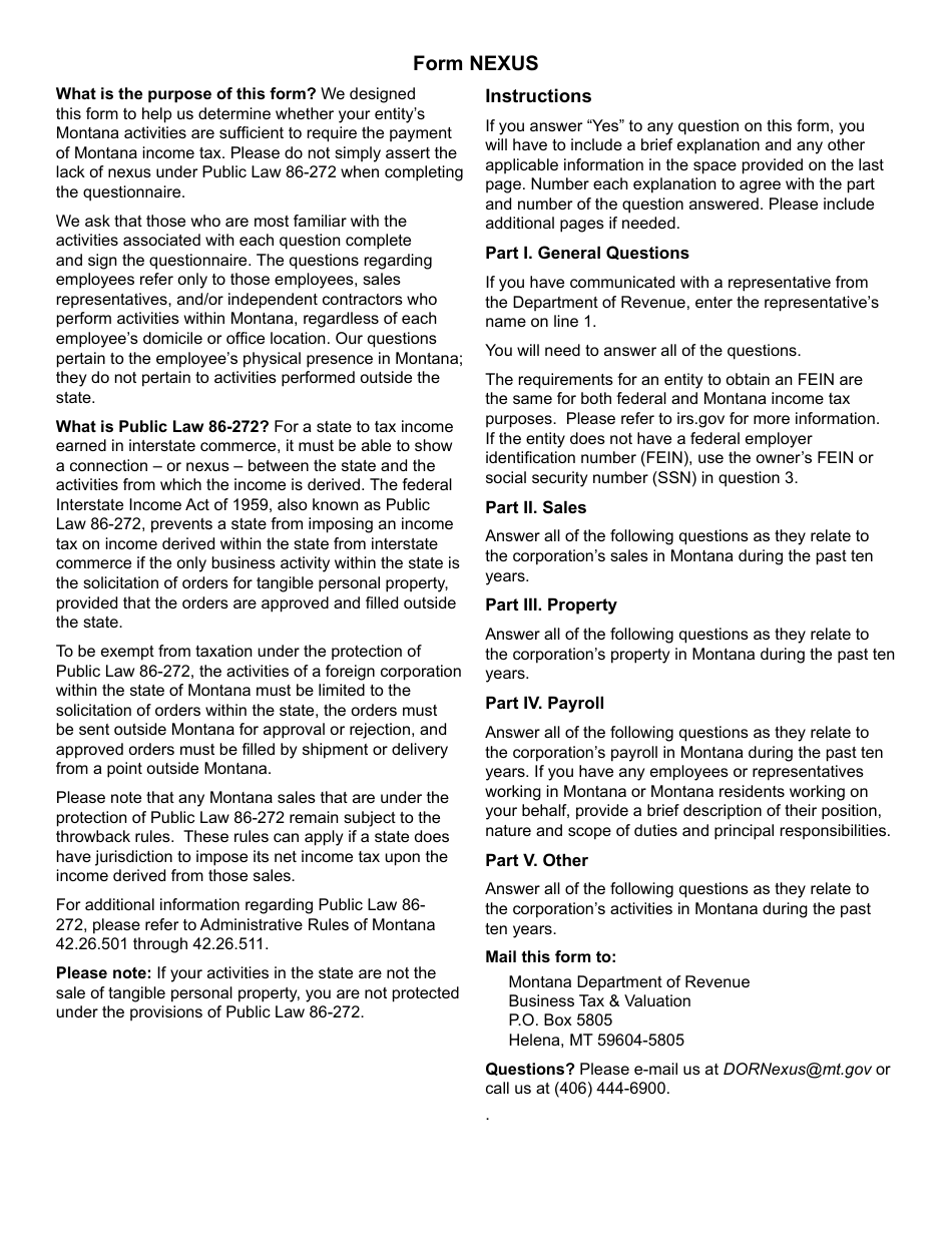 Form NEXUS Nexus Questionnaire - Montana, Page 9