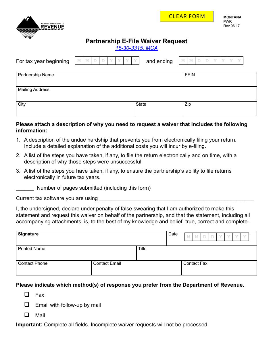 Form PWR Partnership E-File Waiver Request - Montana, Page 1