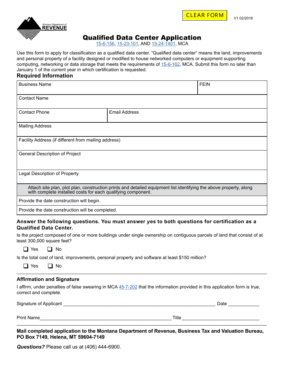 Qualified Data Center Application Form - Montana, Page 1