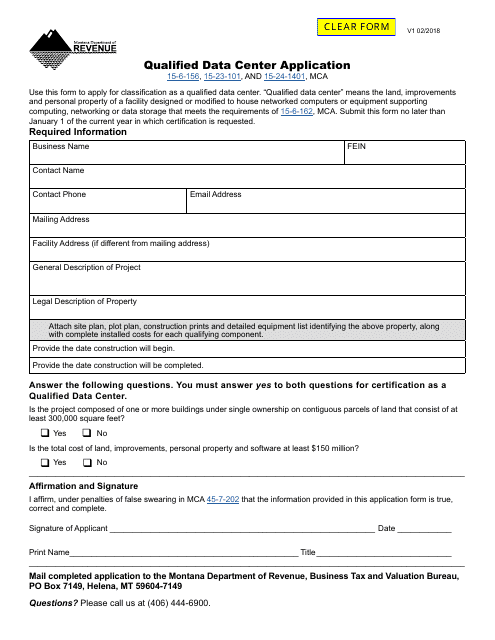 Qualified Data Center Application Form - Montana