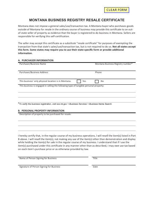 Montana Business Registry Resale Certificate Form - Montana Download Pdf