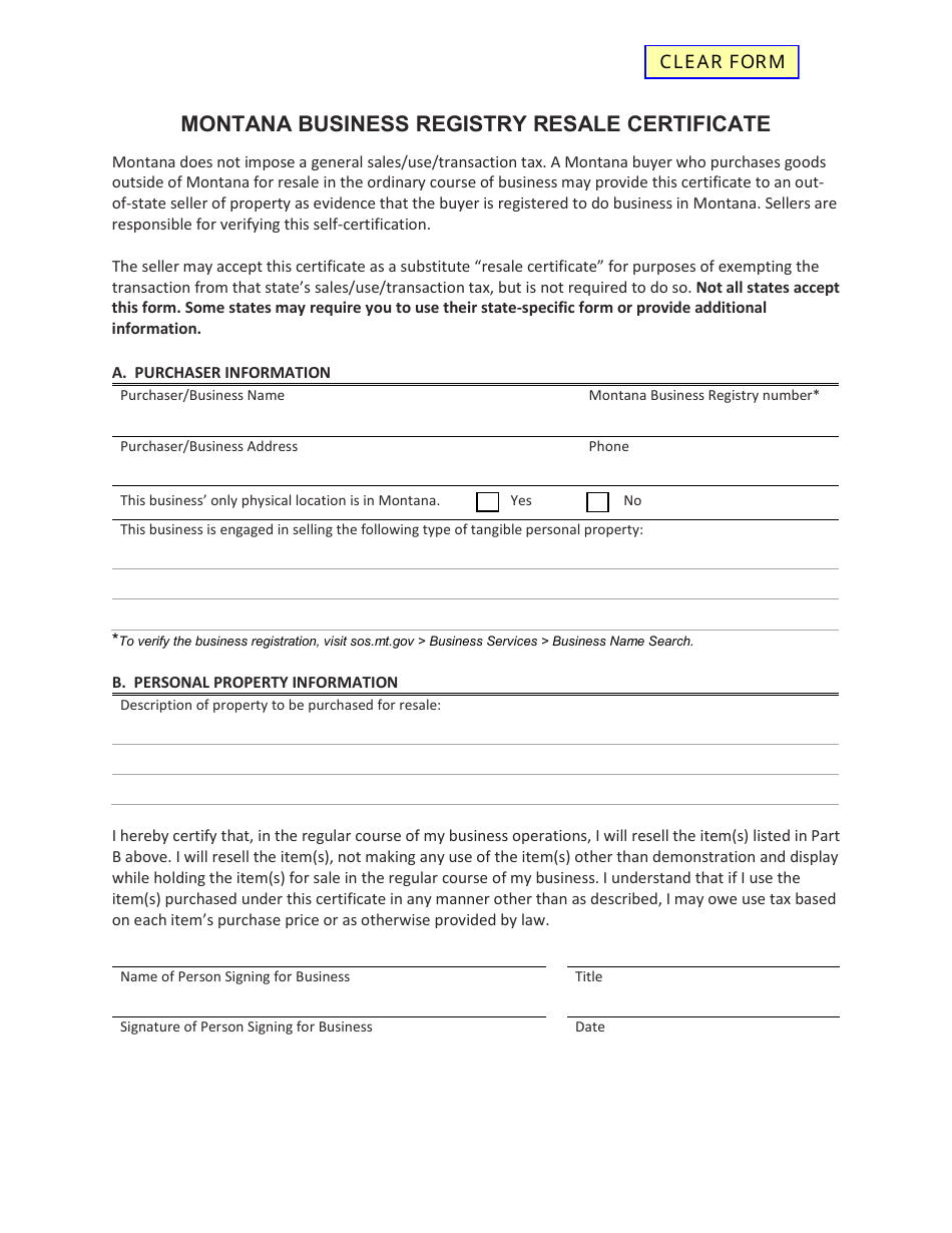 Montana Business Registry Resale Certificate Form - Montana, Page 1