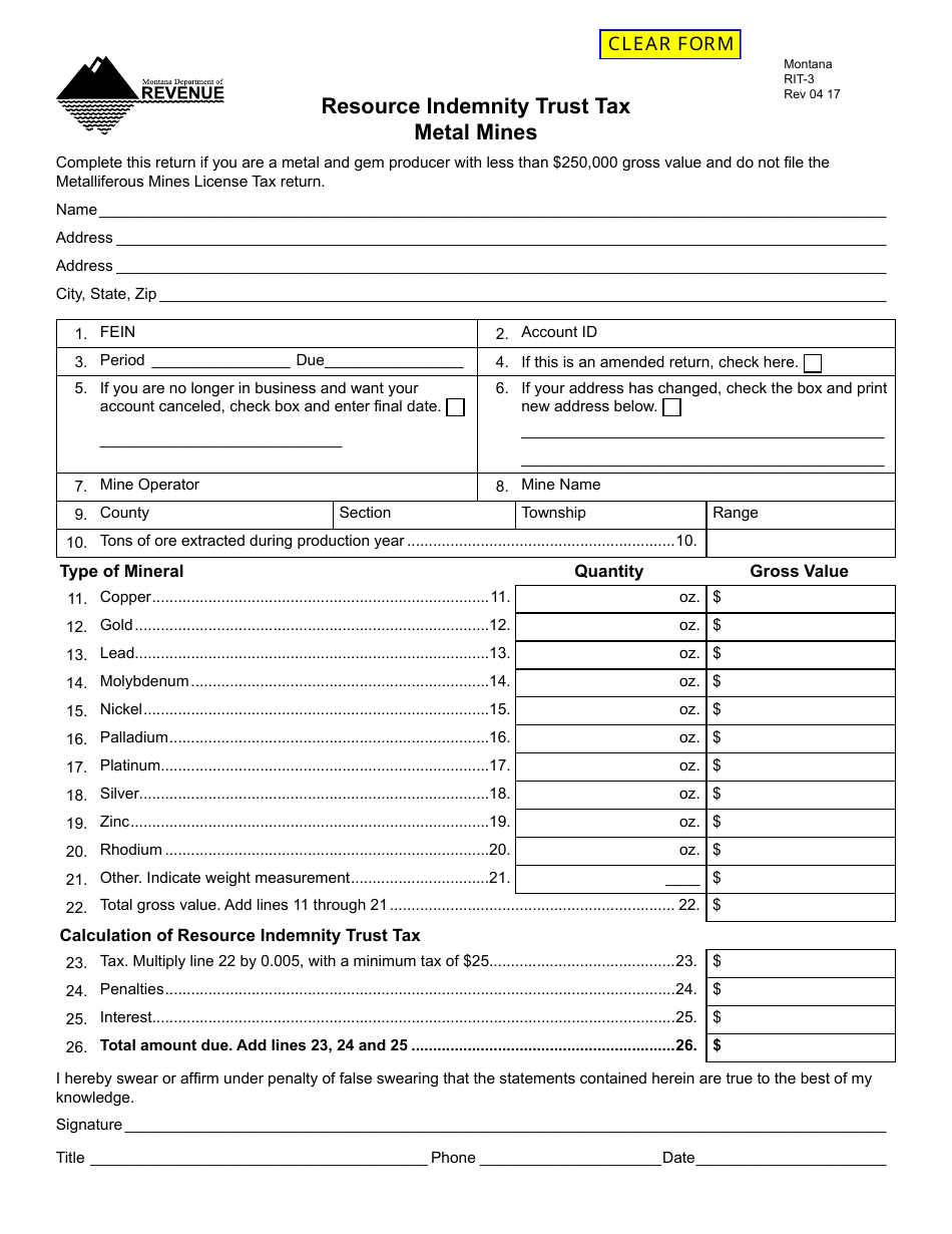 Form RIT-3 Resource Indemnity Trust Tax - Metal Mines - Montana, Page 1