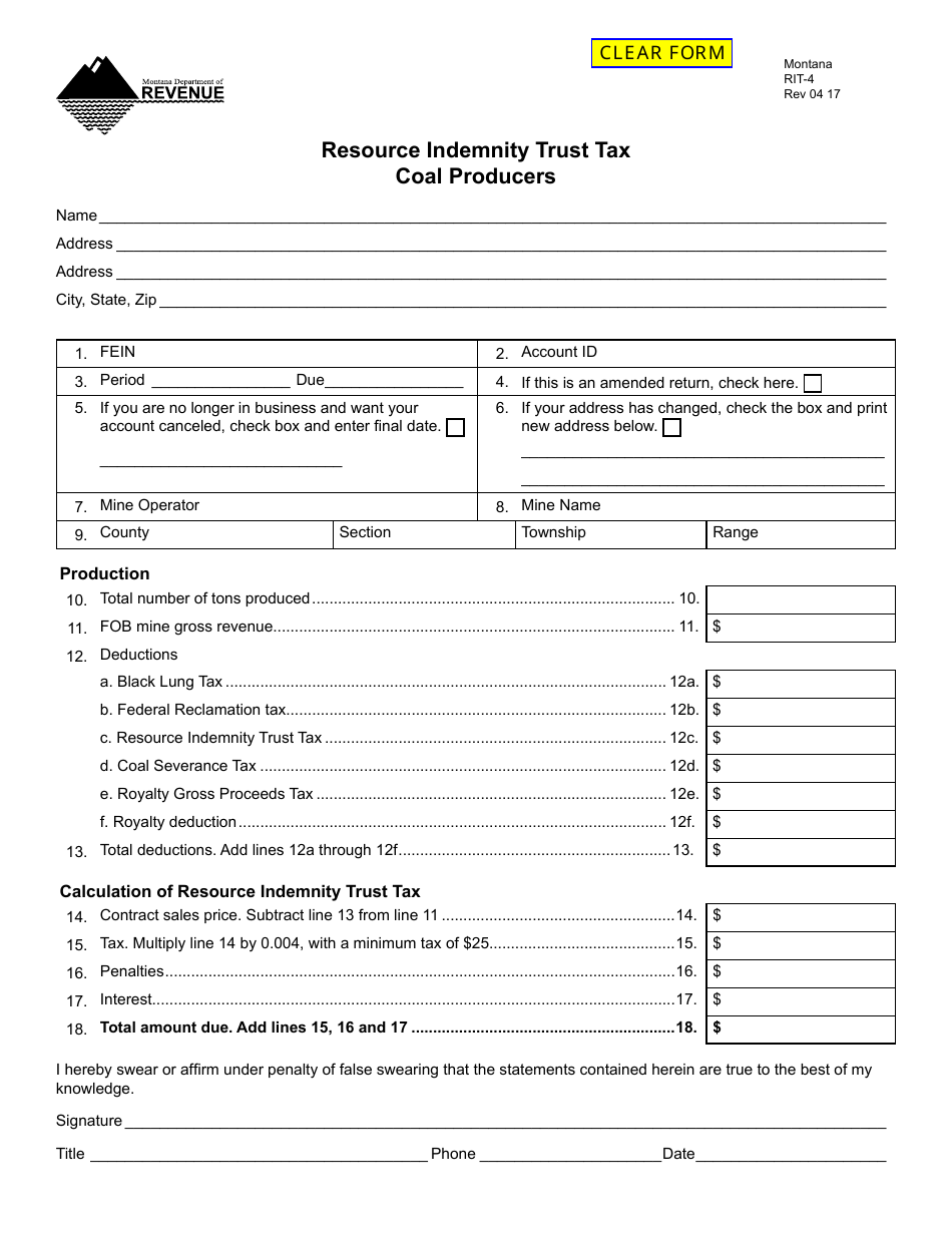 Form RIT-4 Resource Indemnity Trust Tax - Coal Producers - Montana, Page 1