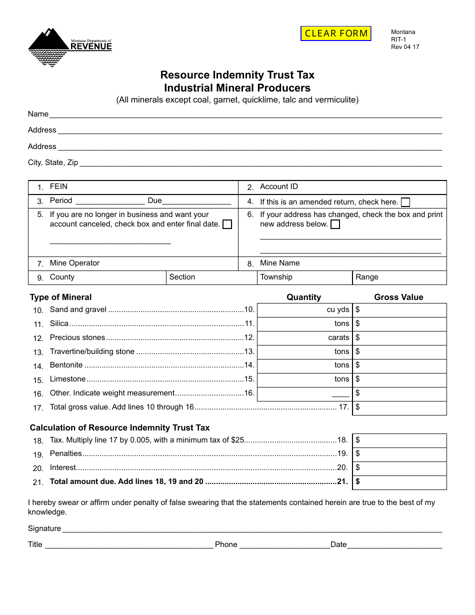 Form RIT-1 Resource Indemnity Trust Tax - Industrial Mineral Producers - Montana, Page 1