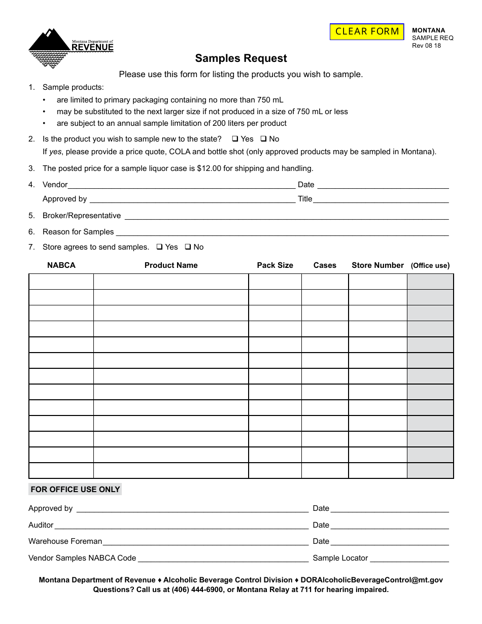 Form SAMPLE REQ Samples Request - Montana, Page 1
