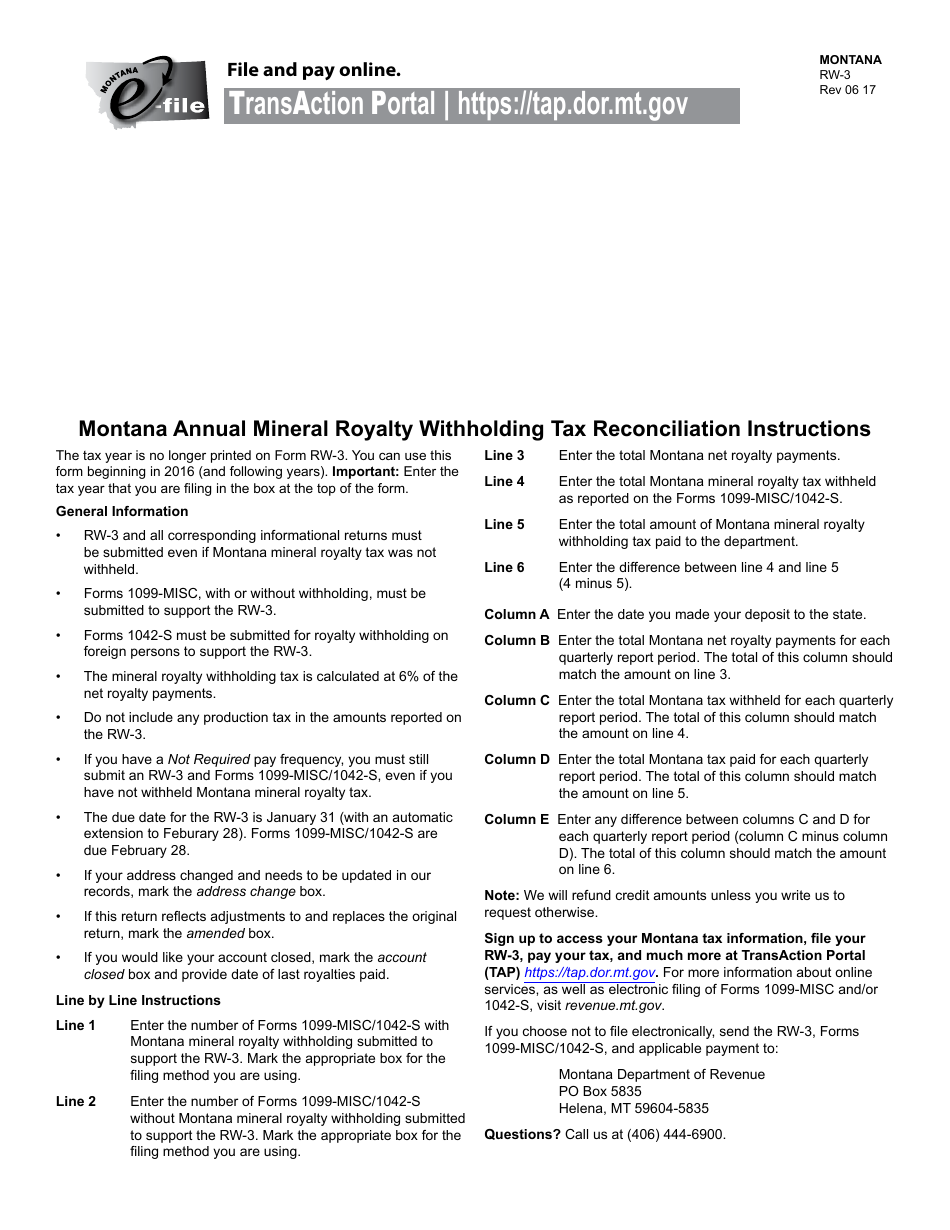 Form RW-3 Montana Annual Mineral Royalty Withholding Tax Reconciliation - Montana, Page 1