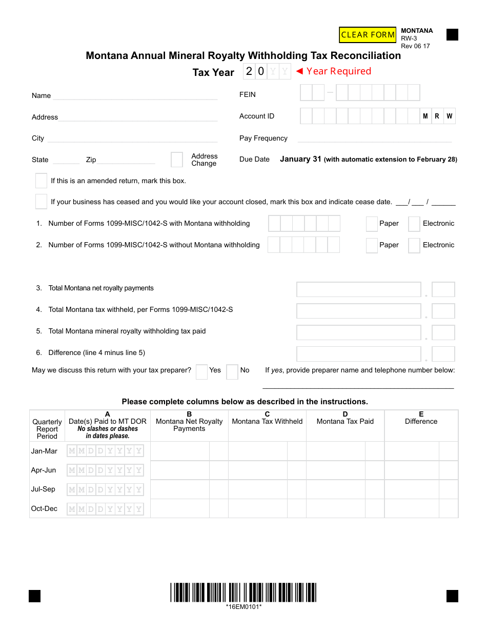 Form RW-3 Montana Annual Mineral Royalty Withholding Tax Reconciliation - Montana, Page 2