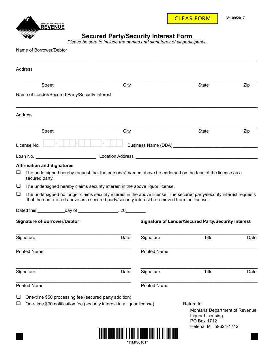 Secured Party / Security Interest Form - Montana, Page 1