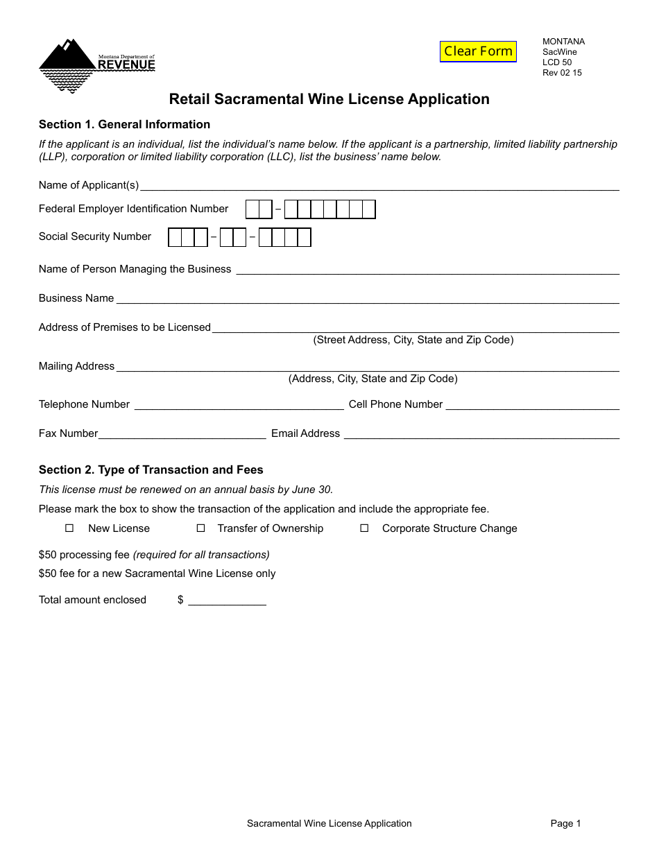 Form SACWINE Retail Sacramental Wine License Application - Montana, Page 1